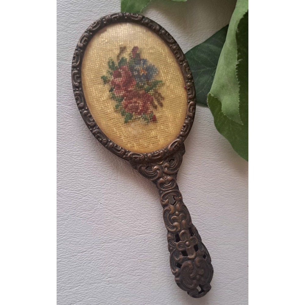 Vintage Miniature Floral  French Ornate Petit Mirror 5"